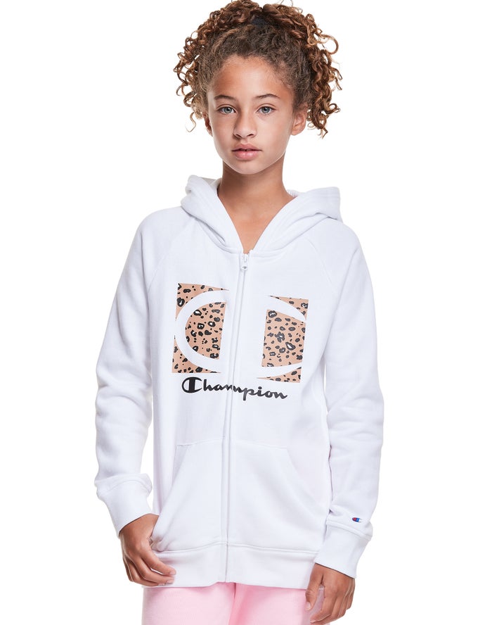 Champion Pige Hættetrøje Hvide - Fleece Raglan Full Zip Leopard Knockout Logo - Danmark YFI-874106